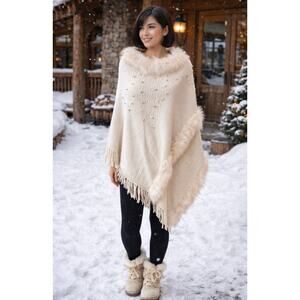 Northern Angel Faux Fur Trim Poncho Pearl Beaded Ivory Winter Cape S/M